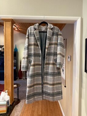 Princess Polly Long Plaid Trench Coat - Gray, White & Brown